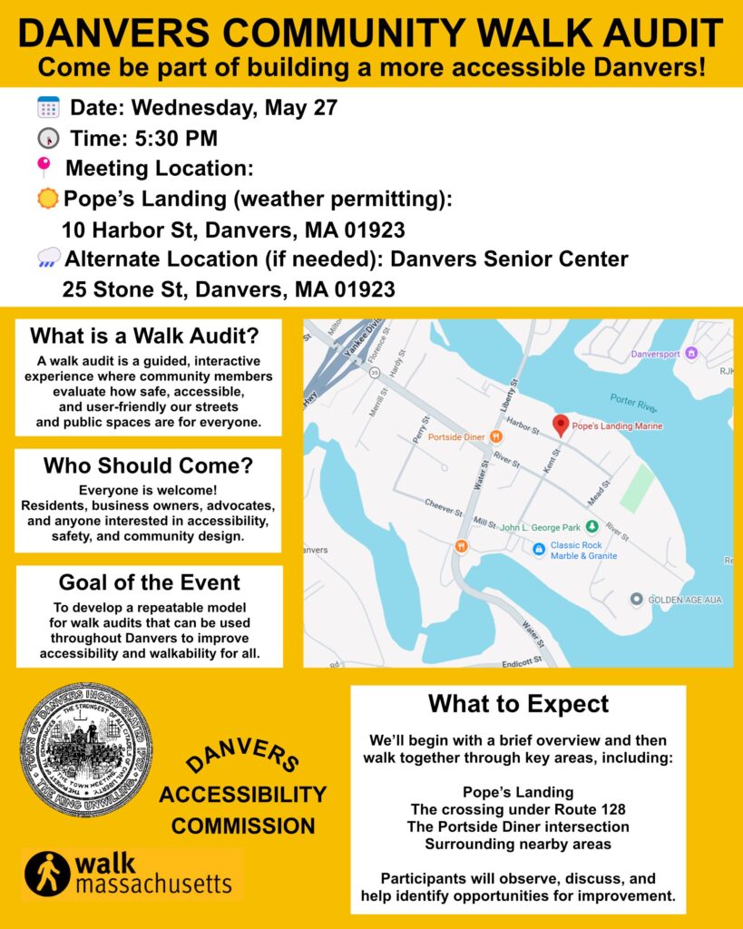 Flyer for Danvers Community Walk Audit, May 27, 5:30pm